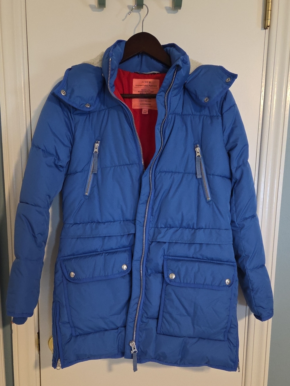J. Crew Bright Blue Signature Puffer Coat with Red Lining